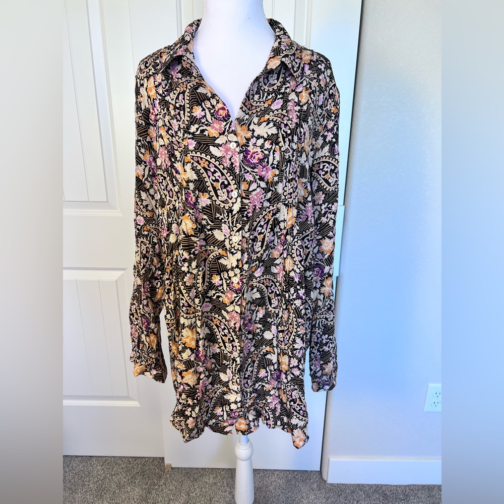 Jane+Delancey Floral Paisley Blouse Sz Large Long Sleeve Pin-tuck Tunic Top